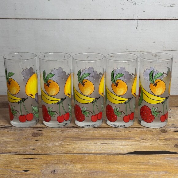 Set of 5 Vintage French Fruit Tumblers – Frosted Mid-Century Drinking Glasses - Picture 4 of 7